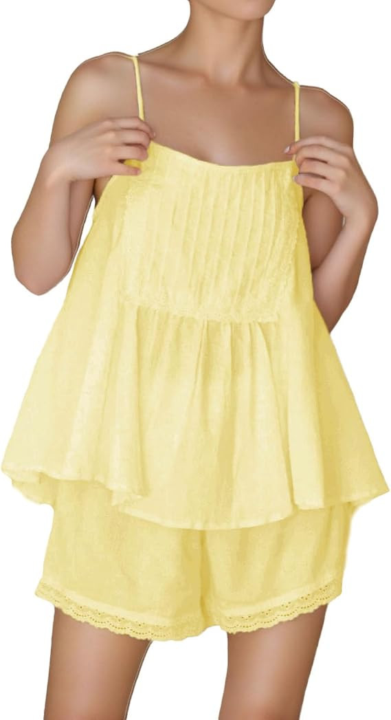 Womens Summer 2 Piece Set Sleeveless Tie Straps Ruffle Trim Top and Shorts Sets Soft Cozy Pajamas... | Amazon (US)