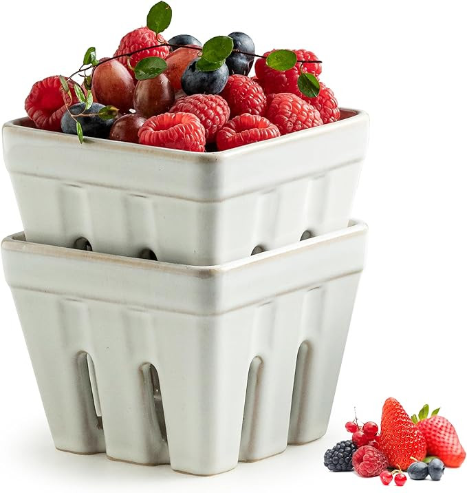 Gomakren Ceramic Berry Basket Set of 2, Square Fruit Bowl with Holes, Small Fruit Basket Containe... | Amazon (US)