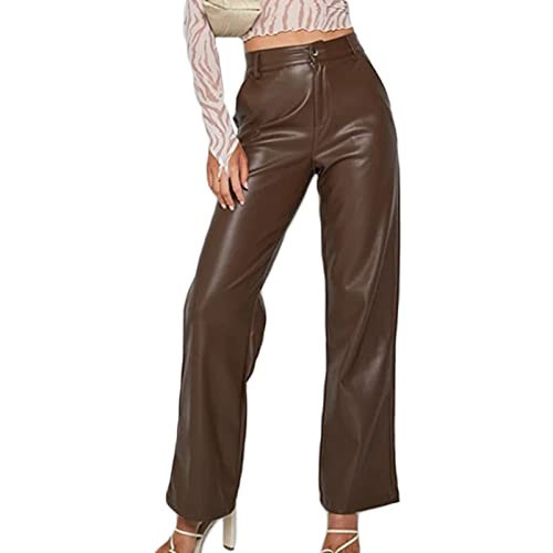 Faux Leather Pants for Women Solid Color High Waist Straight Leg Trousers Vintage 90s Streetwear Pant with Pockets (Brown, L) | Amazon (US)