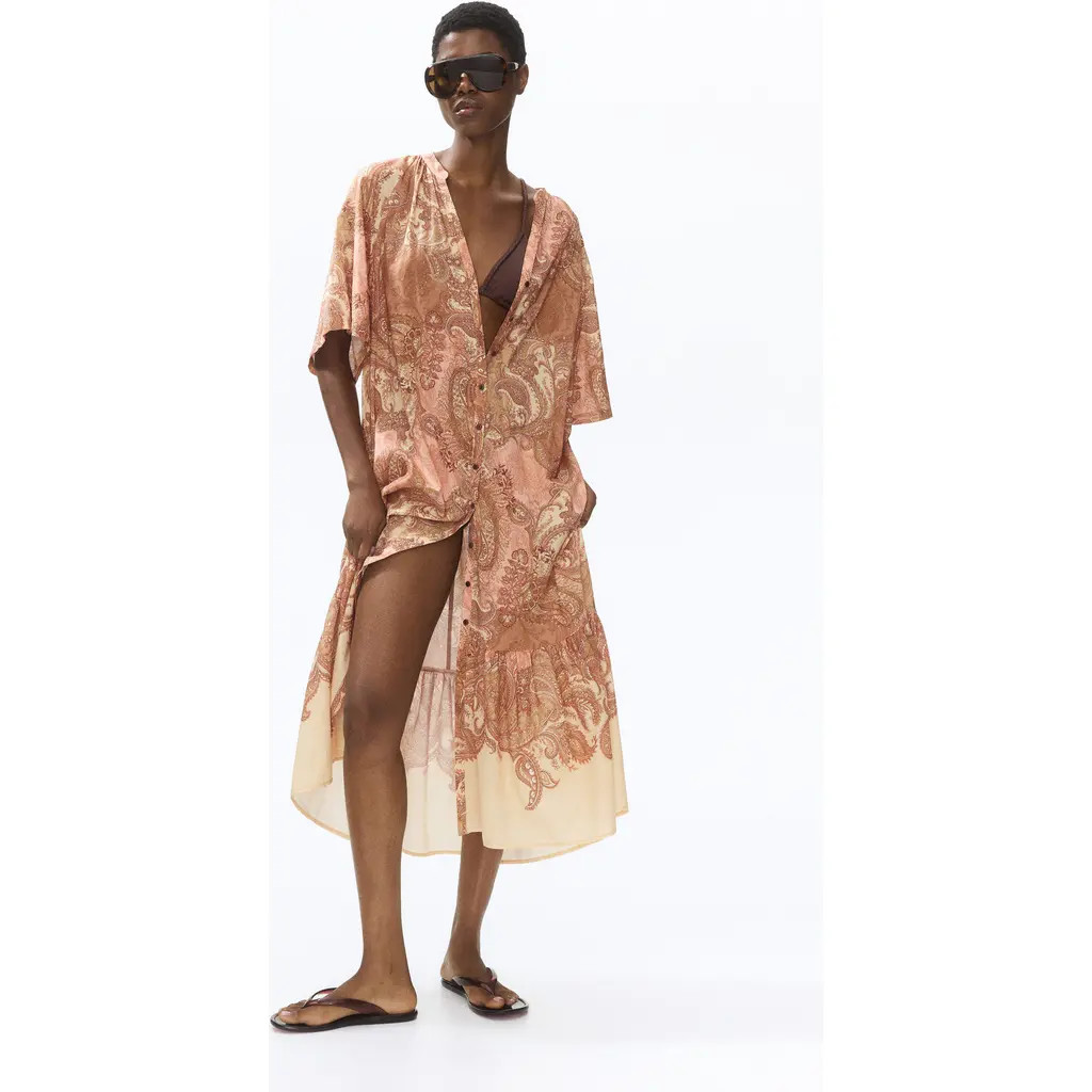 H&M Short-sleeved Tie-belt Dress in Beige/paisley at Nordstrom, Size Small | Nordstrom