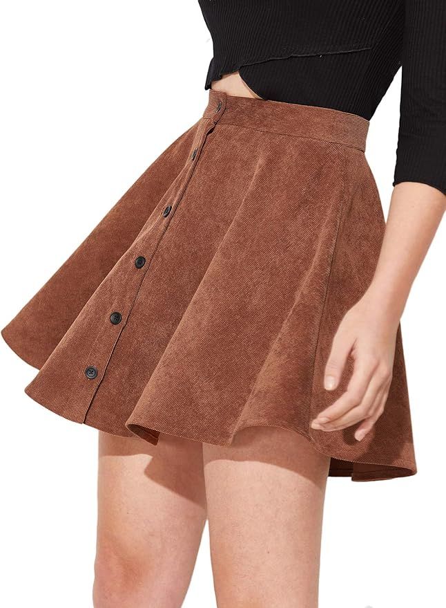 SheIn Women's Button Up Flare A-Line Corduroy Skater Cord Short Skirt | Amazon (US)
