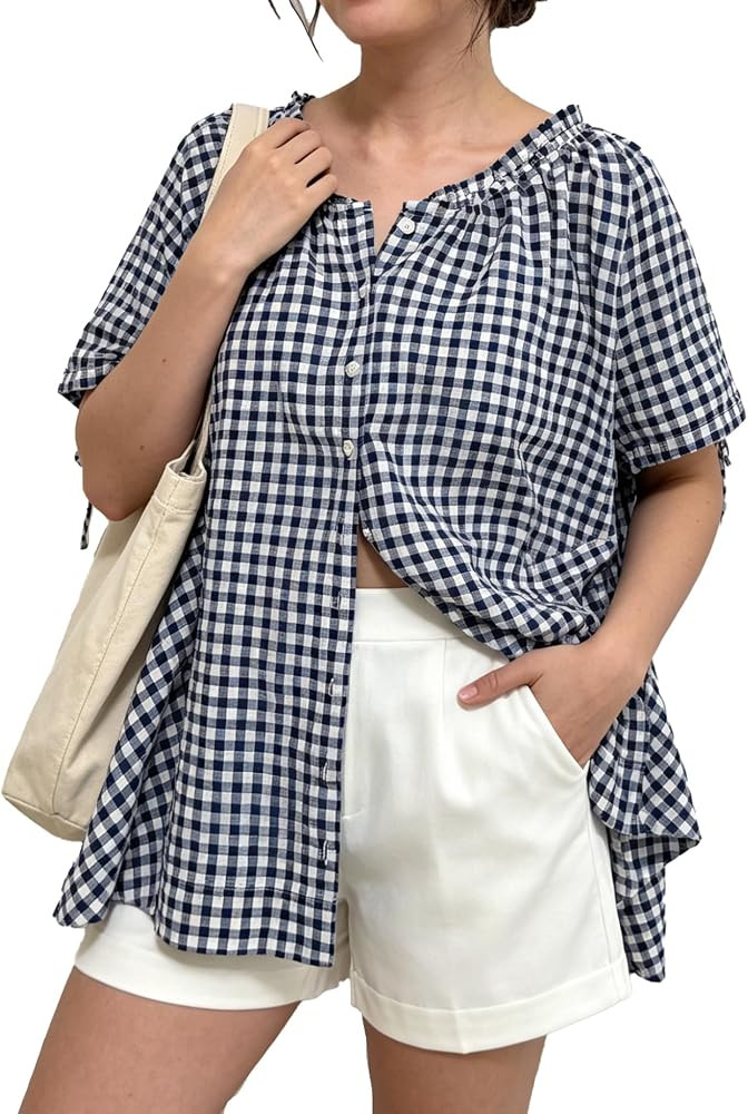 Women Gingham Tunic Casual Short Sleeve Pleated Scoop Neck Button Down Shirts Summer Top Loose Fl... | Amazon (US)