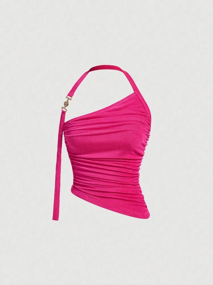 SHEIN MOD Women's Pleated Asymmetrical Hem Halter Neck Tank Top | SHEIN