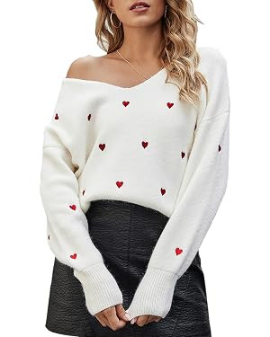 ECOWISH Women Valentine Heart Sweater V Neck Embroidery Knit Loose Casual Long Sleeve Ribbed Pull... | Amazon (US)
