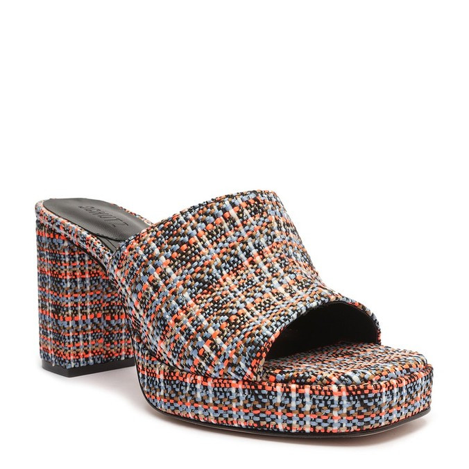 sandália mule salto bloco médio tecido tweed colorida | ZZ Mall (BR)