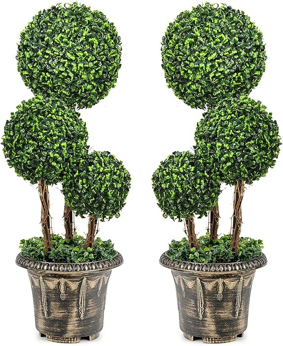Artificial Boxwood Topiary Tree, 2.5ft Triple Ball Shaped Faux Topiary Tree w/Weighted Pot, Metal... | Amazon (US)