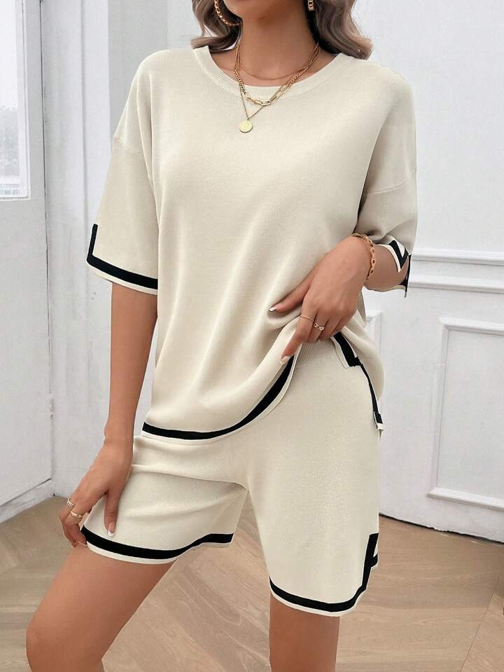 Women Summer Color Block Knitted Set, Short Sleeve Top And Waist Tie Shorts, Casual Two-Piece | SHEIN
