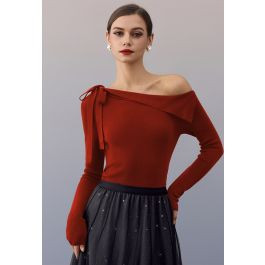 Self-Tie Bow Slant Shoulder Knit Top in Red | Chicwish