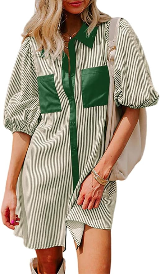 AlvaQ Women Dress Summer 2025 Casual V Neck Short Sleeve Button Down Striped Tunic Dresses with P... | Amazon (US)