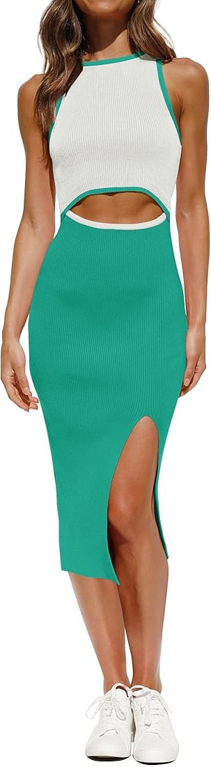 ZESICA Women's Summer Bodycon Sweater Dress Sleeveless Crew Neck Cut Out Contrast Color Side Slit... | Amazon (US)