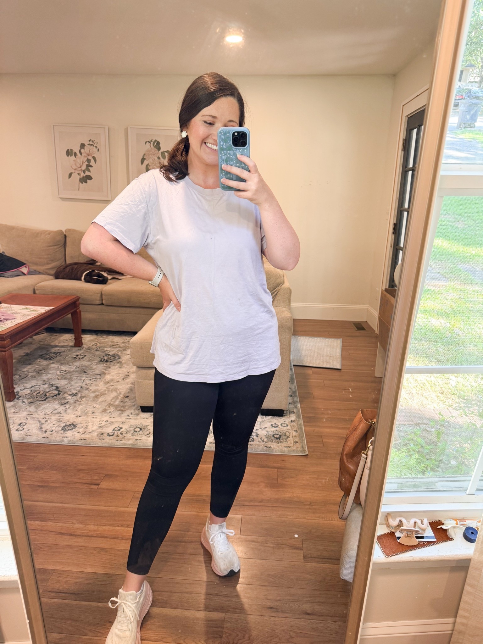 Today’s mom ootd. Leggings. Oversized t shirt and Brooks running shoes 