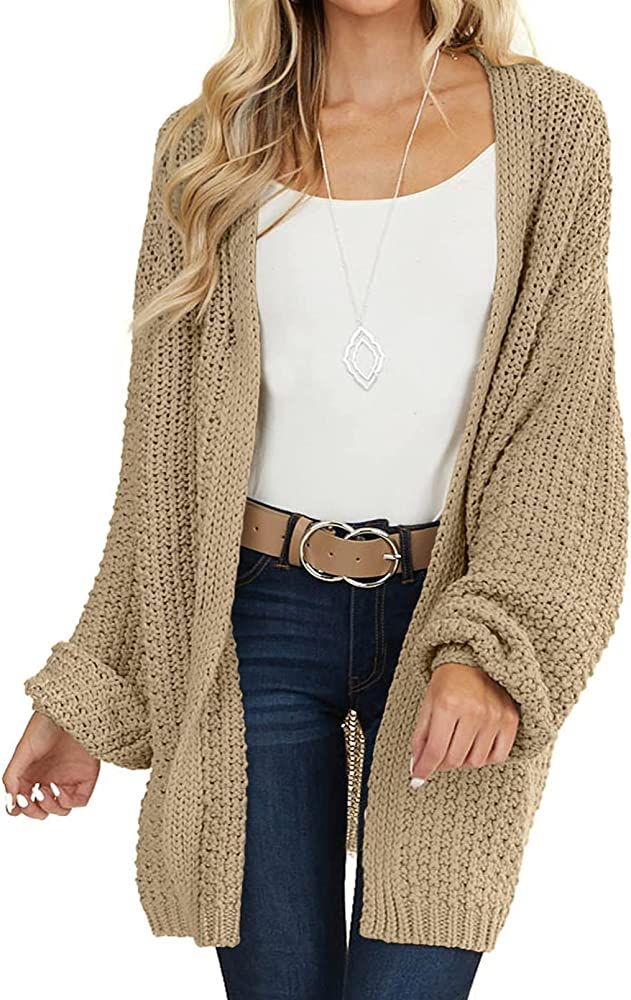 MEROKEETY Women's 2023 Fall Open Front Chunky Knit Sweater Oversized Lantern Sleeve Cardigan Outw... | Amazon (US)