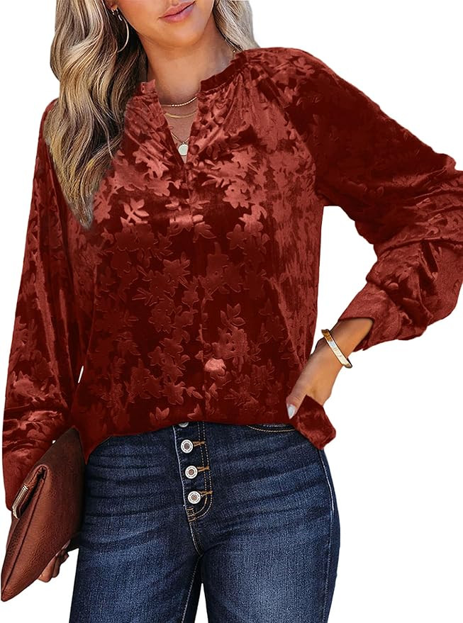 Simplee Velvet Tops for Women Long Sleeve Button Down Shirt Fall Blouses Dressy Casual Holiday Pa... | Amazon (US)