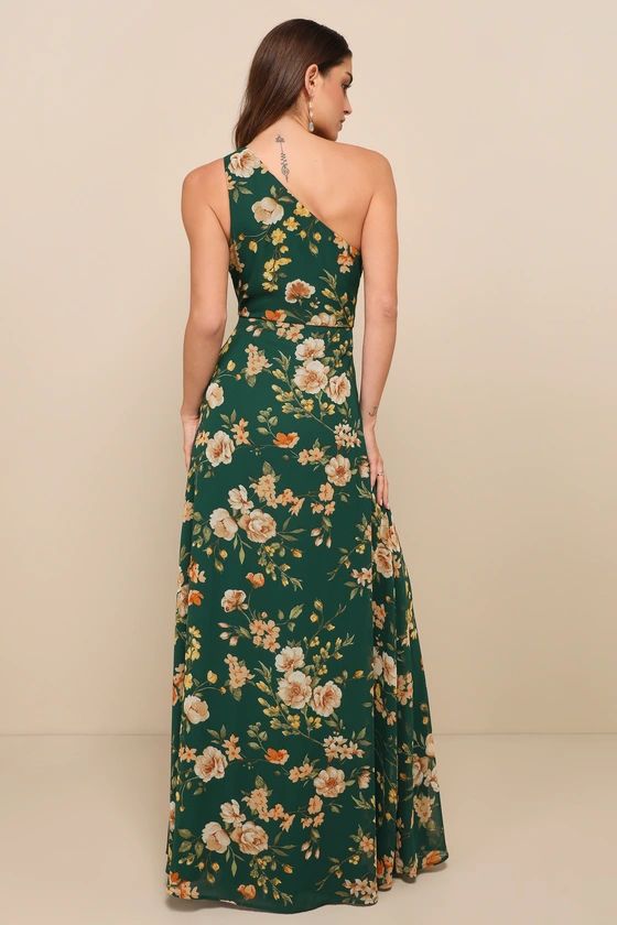 Elegant Admiration Emerald Green Floral One-Shoulder Maxi Dress | Lulus