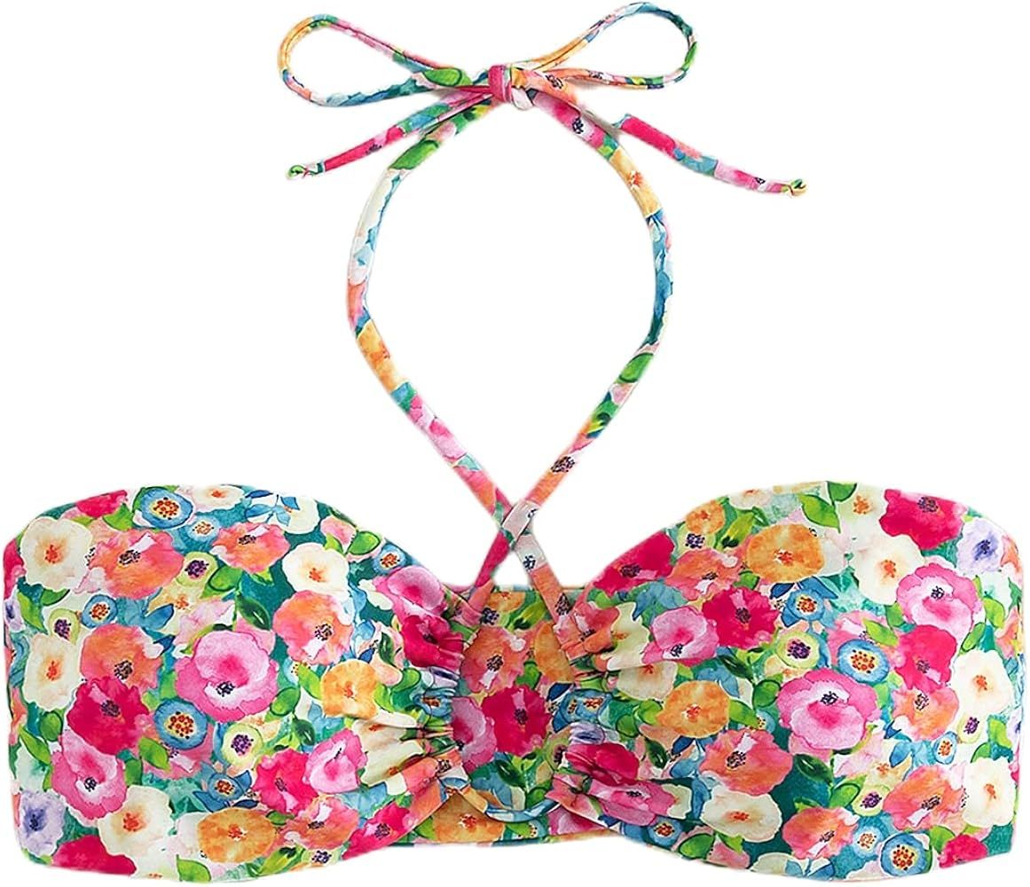 SHENHE Women's Floral Print Criss Cross Halter Swimsuit Bathing Suit Swimwear Bikini Tops | Amazon (US)