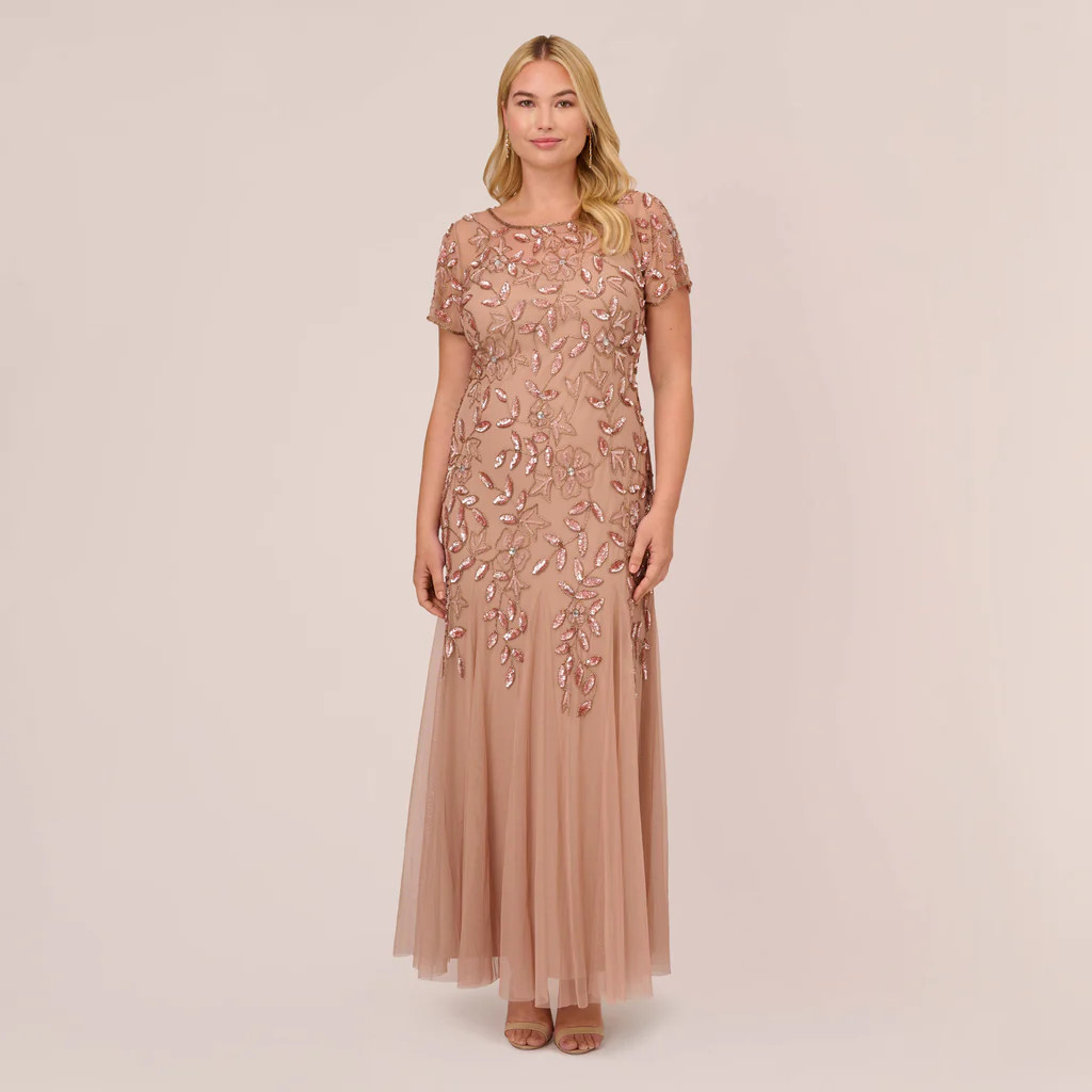 Plus Size Hand Beaded Short Sleeve Floral Godet Gown In Rose Gold | Adrianna Papell