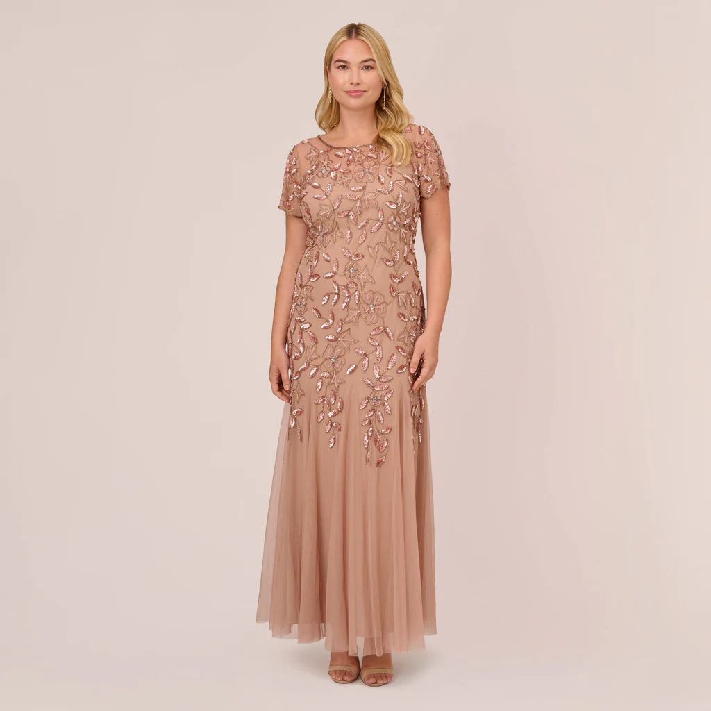 Plus Size Hand Beaded Short Sleeve Floral Godet Gown In Rose Gold | Adrianna Papell