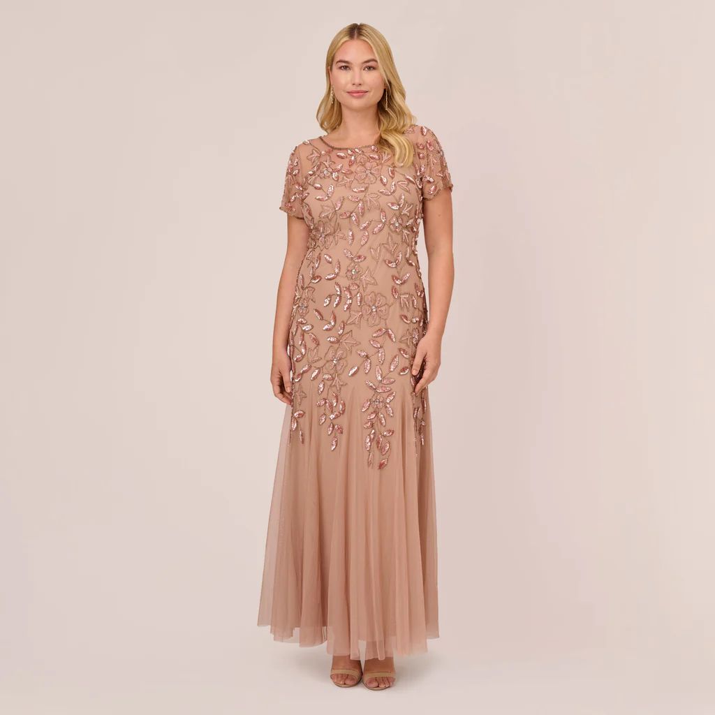 Plus Size Hand Beaded Short Sleeve Floral Godet Gown In Rose Gold | Adrianna Papell