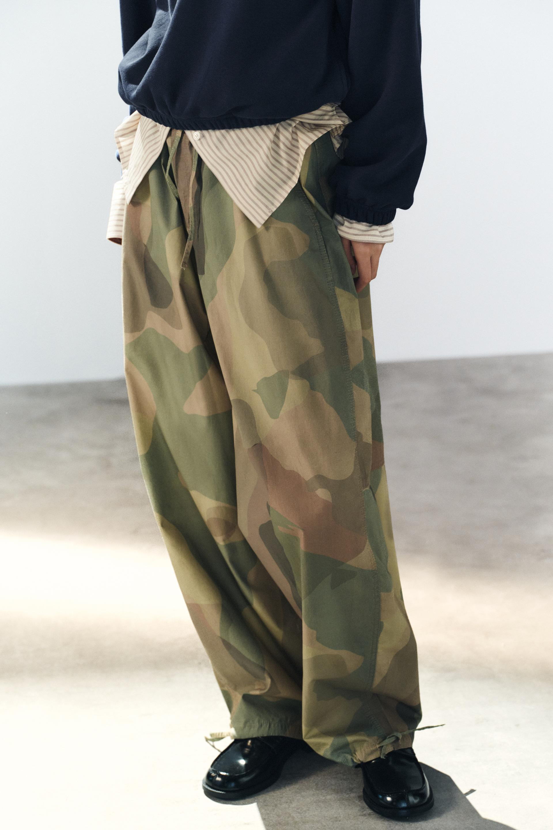 Zara - Printed Wide-Leg Drawstring Pants - Khaki - 29 (Us 8) - Woman | Zara US