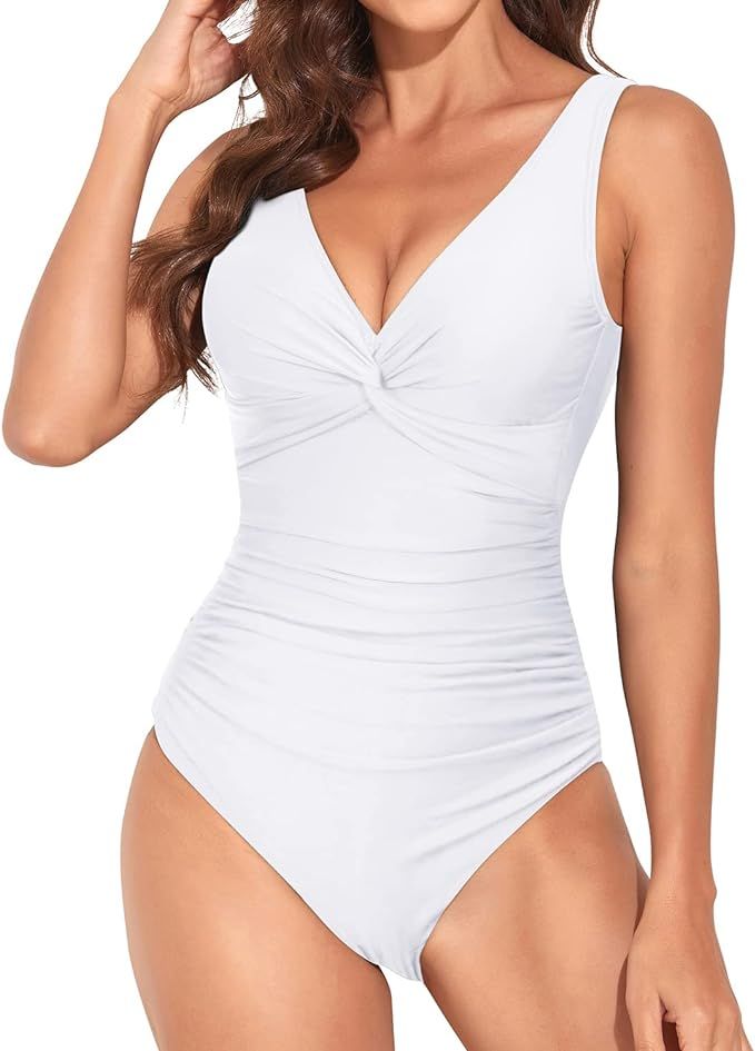 Holipick One Piece Swimsuit for Women Vintage V Neck Twist Bathing Suit Tummy Control Slimming Mo... | Amazon (US)