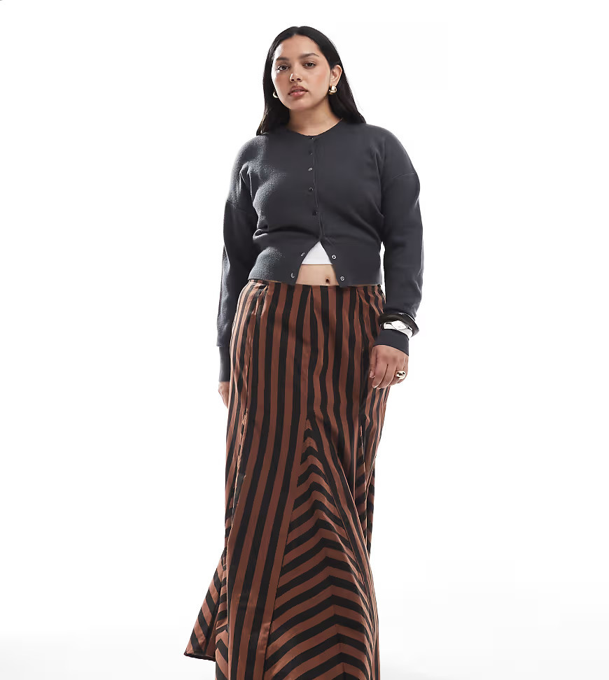 ASOS DESIGN Curve mixed stripe paneled maxi skirt in black and brown stripe | ASOS (Global)