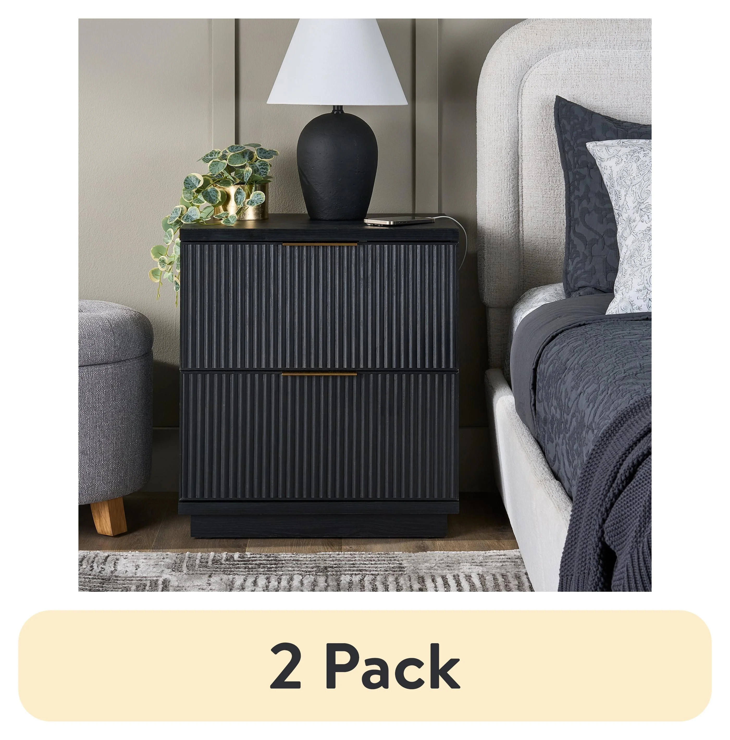 (2 pack) Better Homes & Gardens Lillian Fluted 2-Drawer Nightstand with USB, Black Wood Finish | Walmart (US)