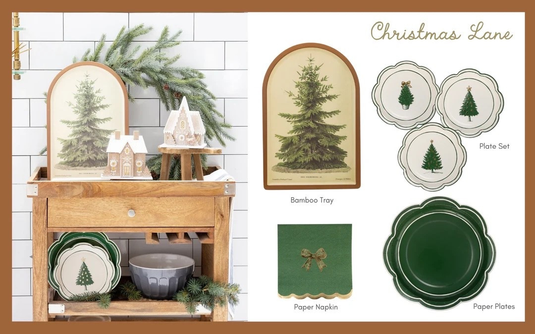 Walk down Christmas Lane with gorgeous greens, festive napkins and plates, and a beautiful bamboo tray ready for serving or display. 

#christmasdecor #christmastabledecor 

#LTKHome #LTKHoliday
