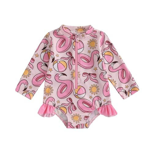 Toddler Newborn Baby Girl Swimsuit Floral One Piece Swimwear Kid Ruffle Bathing Suit (Pink Bow Print, 0-3 Months) | Amazon (US)