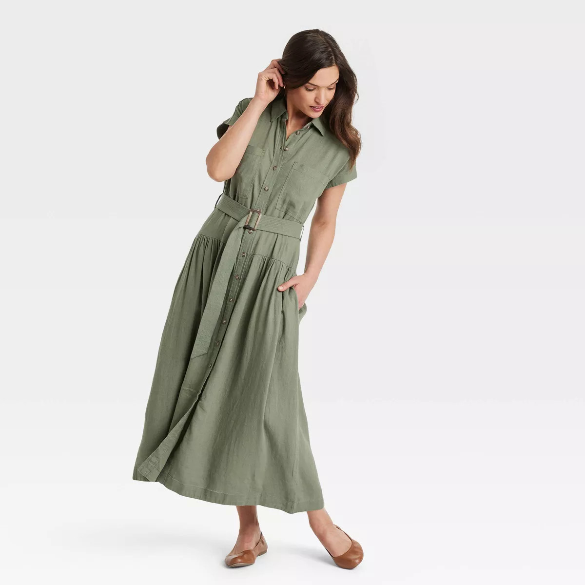 Women's Short Sleeve Belted Midi Shirtdress - Universal Thread™ Olive Green XS | Target