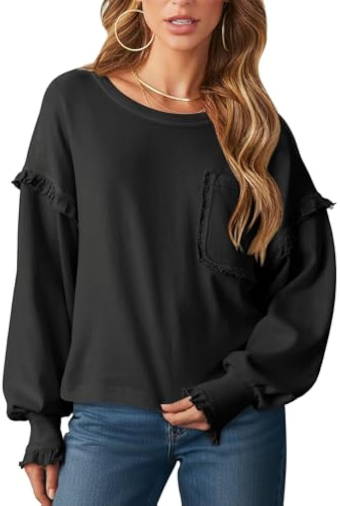 Sunborui Women's Long Sleeve Ruffled Crew Neck Sweatshirt Casual Cute Oversized Pullover Tops wit... | Amazon (US)