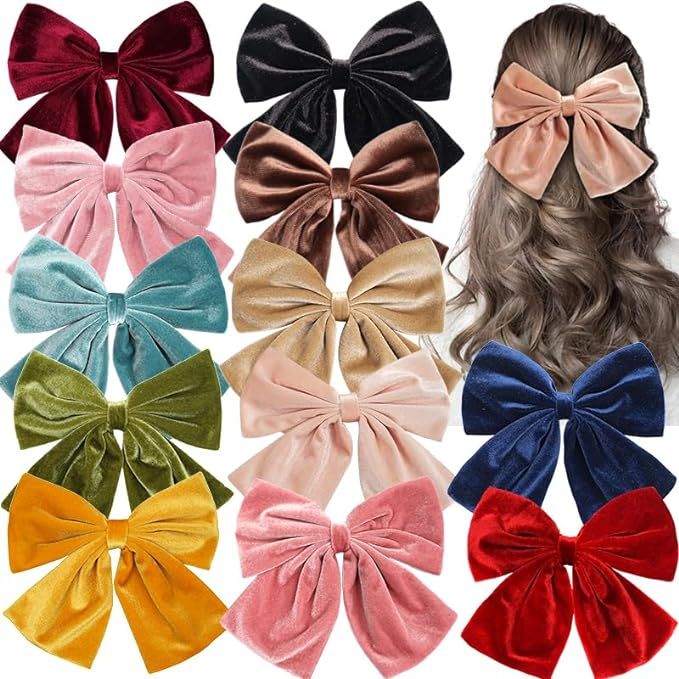 12PCS Large 8 Inch Velvet Hair Bows for Girls Women Large Fable Cheer Bows Hair Clips French Barr... | Amazon (US)