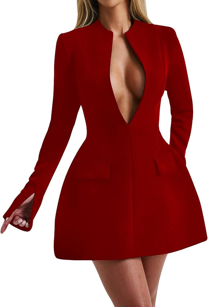 LuFeng Women's Long Sleeve Sexy Deep V Neck Zipper A-line Mini Dress Hollow Bodycon Night Out Par... | Amazon (US)