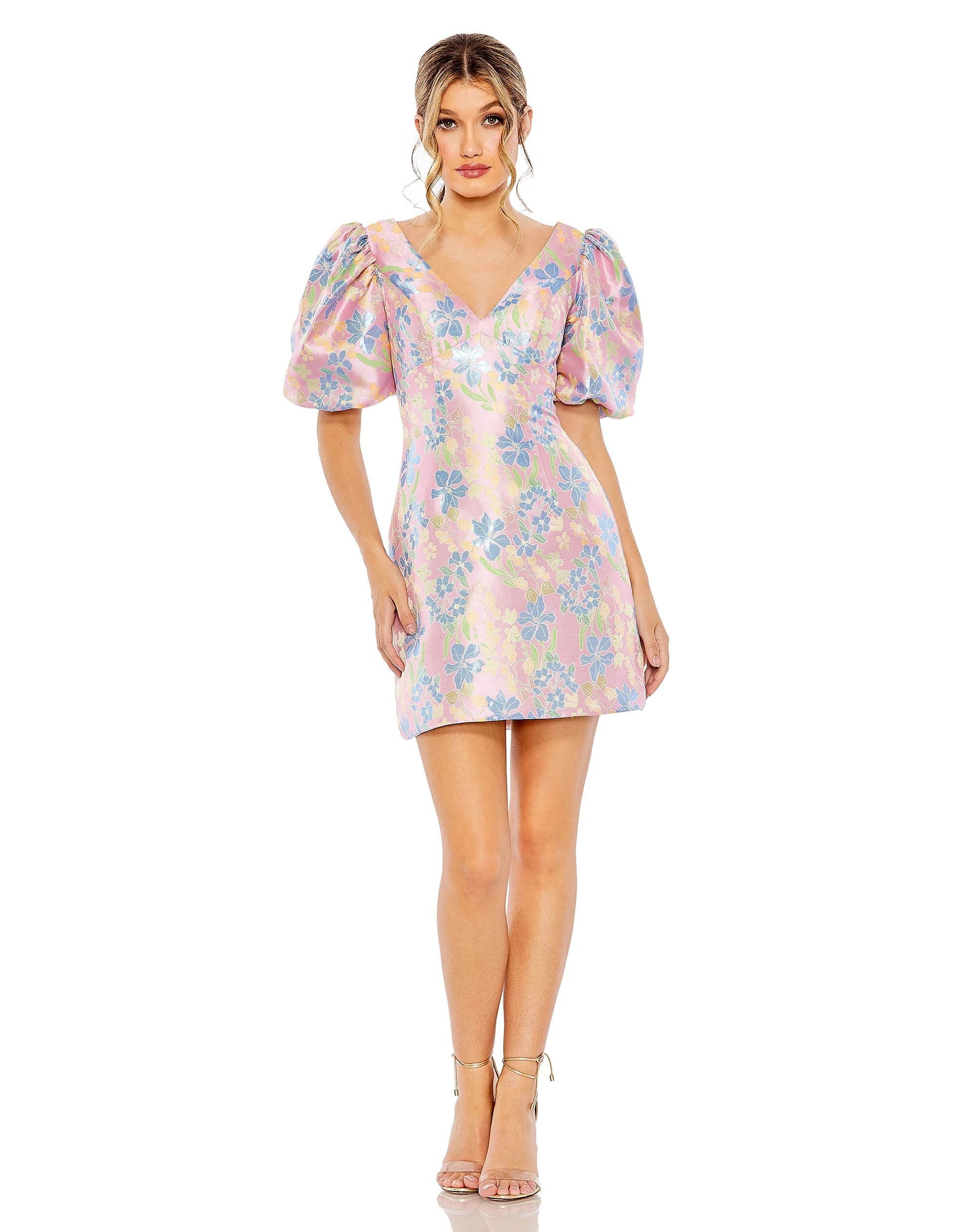 Floral Puff Shoulder Brocade Mini Dress | Mac Duggal