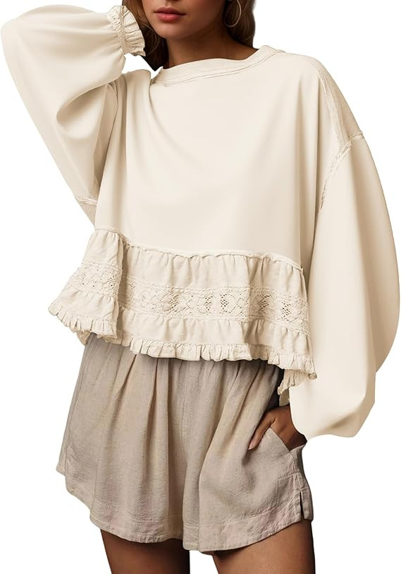calbatic Women Oversized Peplum Sweatshirt Long Sleeve Crewneck Babydoll Top Casual Ruffle Lace P... | Amazon (US)