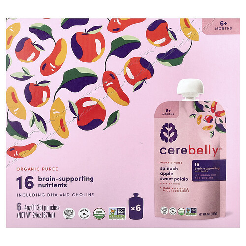Cerebelly, Organic Puree, 6+ Months, Spinach, Apple, Sweet Potato, 6 Pouches, 4 oz (113 g) Each | iHerb