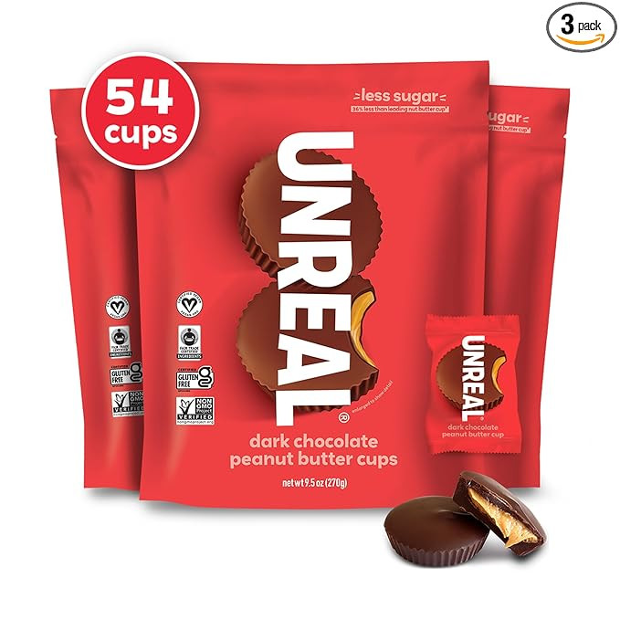 UNREAL Peanut Butter Dark Chocolate Peanut Butter Cups (Pack of 3), 270 grams | Vegan | 5g Sugar ... | Amazon (US)