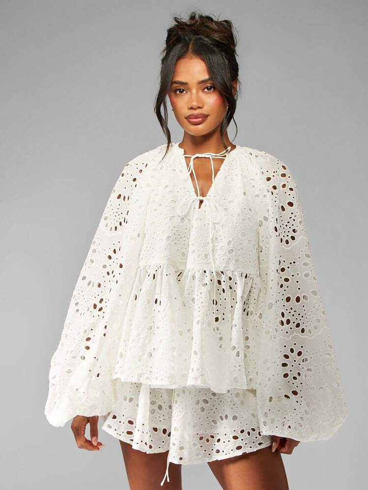 MISSGUIDED Broderie Anglaise Two Piece Festival Summer Boho Romper With Balloon Sleeves And Drawstring Details Beach Holiday Co Ord | SHEIN