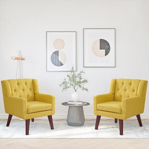 Accent Chairs Set of 2, Button-Tufted Upholstered Living Room Chairs Set of 2, Comfy Reading Chair Mid Century Modern Chairs with Linen Fabric Lounge Arm Chairs for Bedroom (Bright Yellow) | Amazon (US)