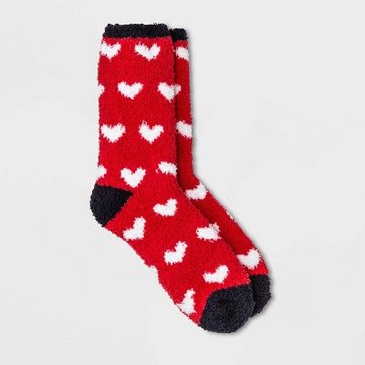 Women's Hearts Valentine's Day Cozy Crew Socks - Red/Navy 4-10 | Target