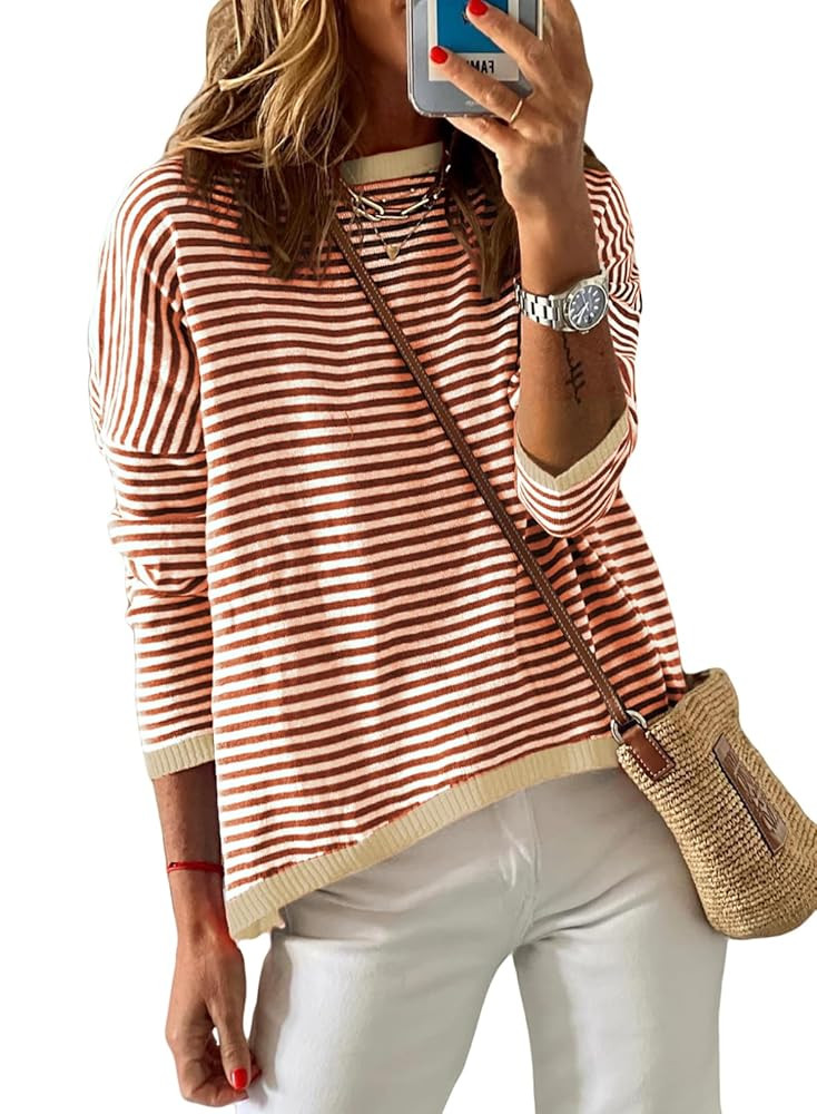 Dokotoo Women's Long Sleeve Sweaters Casual Crewneck Fashion Fall Striped Color Block Shirts High... | Amazon (US)