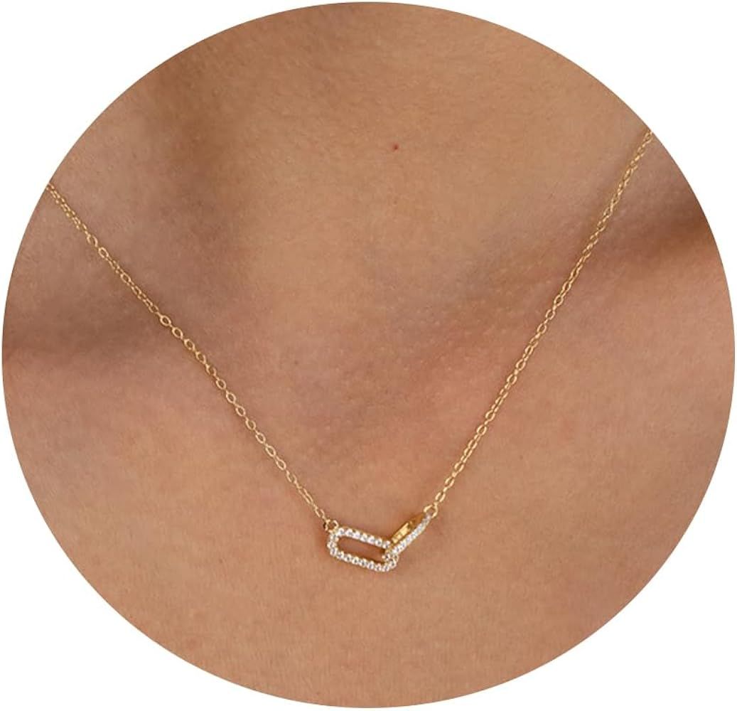 Gold Necklace for Women 14K Gold Plated Simple Dainty Gold Pendant Necklace Cute Cubic Zirconia D... | Amazon (US)
