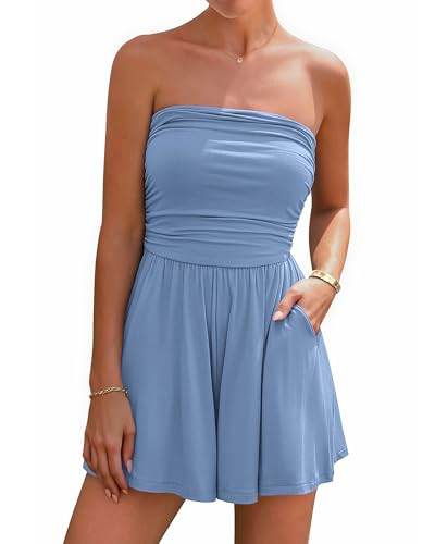 BTFBM Womens Romper 2026 Spring Summer Strapless Tube Tops Beach Vacation Clothes Boho Loose Shorts Jumpsuits Pockets(Blue, X-Large) | Amazon (US)