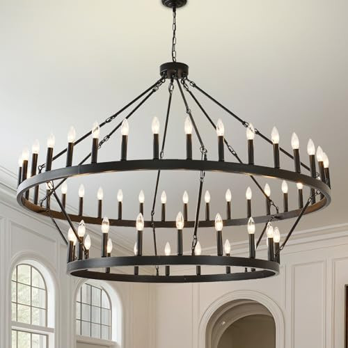 BAOURE Farmhouse Wagon Wheel Chandelier High Ceiling Modern Black Pendant Light 60in 54 Lights Large Round Chandeliers for Dining Room Living Room Foyer Entryway (54 Light) | Amazon (US)