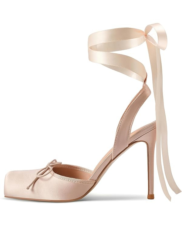 Vertundy Women's Satin Ballet Heels Lace Up Square Toe Stiletto High Bow Ballerina Heels | Amazon (UK)