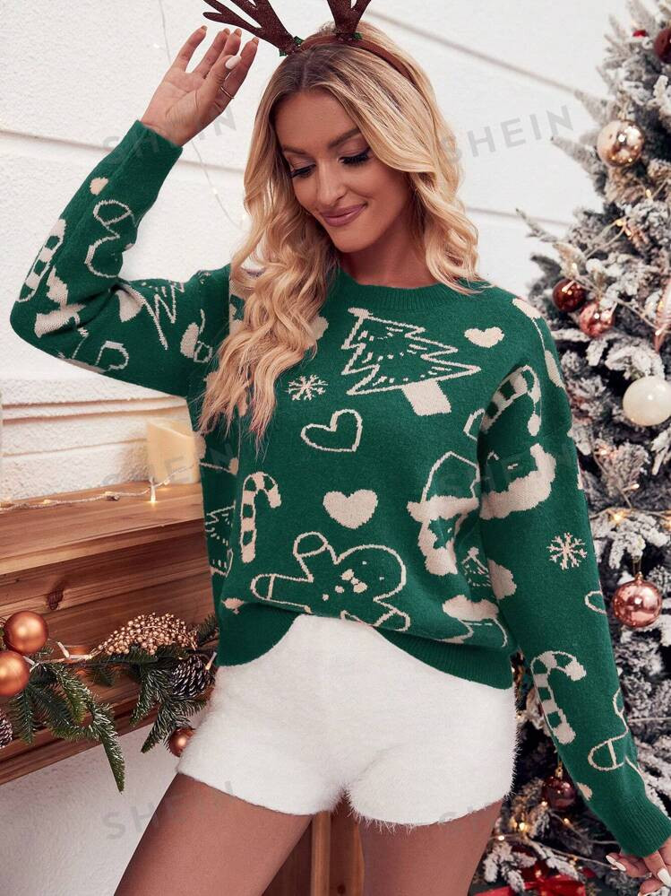 SHEIN Relaxiva Christmas Pattern Drop Shoulder Sweater | SHEIN