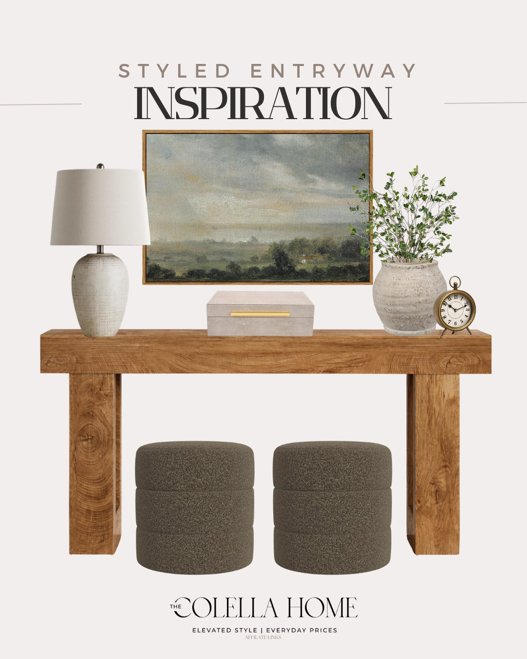 Styled entryway includes console table, ottoman, console table, vase, greenery stems, table clock, table lamp, wall art.

Home decor, styled home, neutral home, affordable home decor

#LTKHome #LTKFindsUnder100 #LTKFindsUnder50