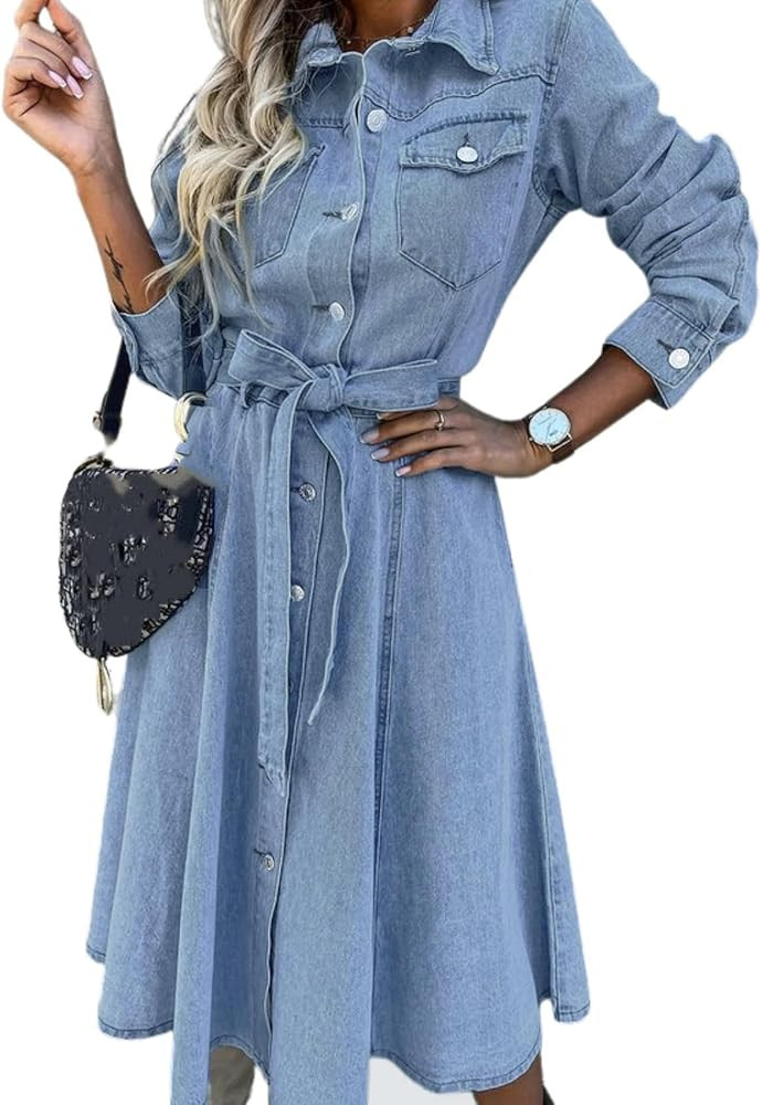 utcoco Denim Dress for Women 2025 Casual Belted Long Sleeve Button Down Midi Jean Dresses with Po... | Amazon (US)