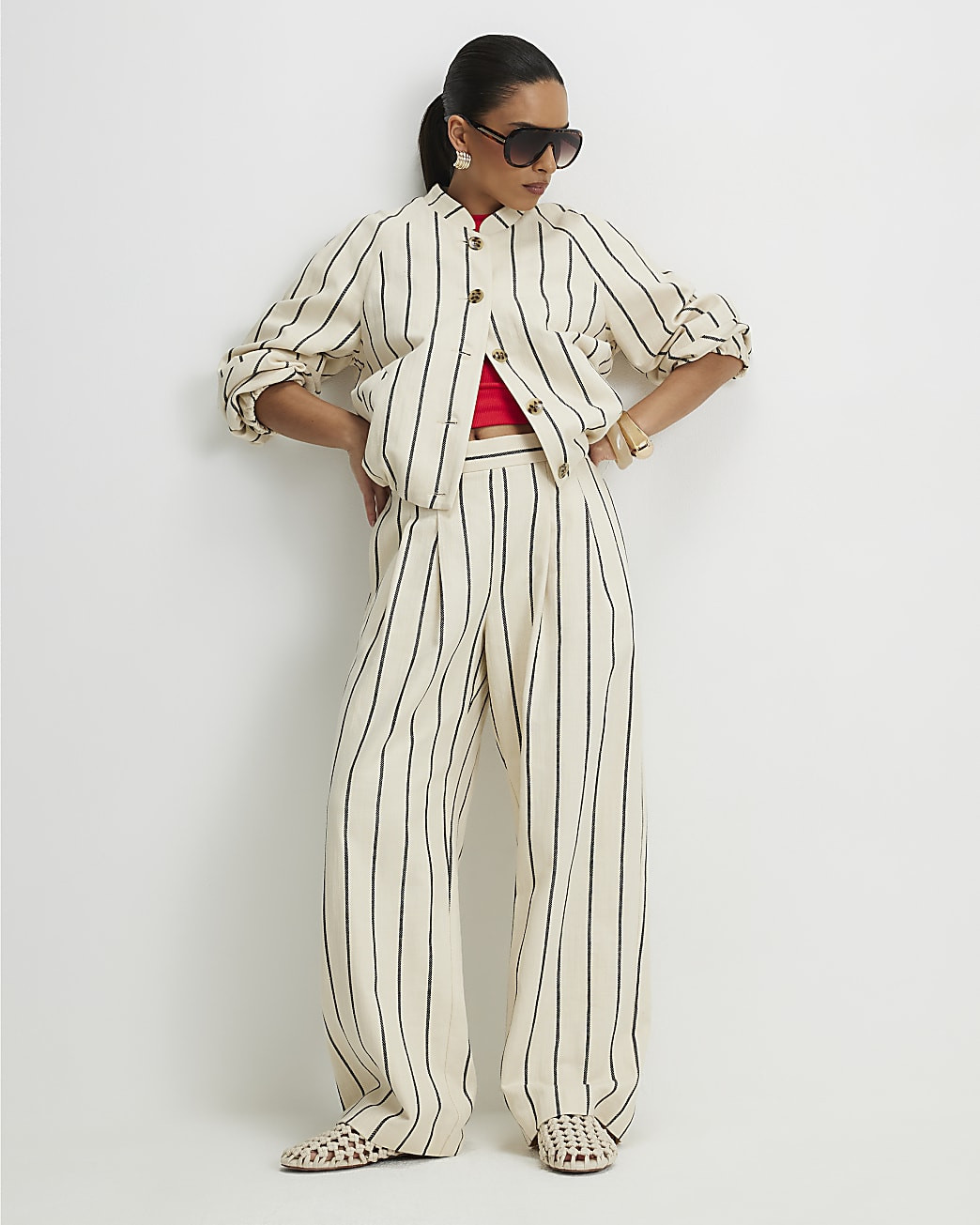 Petite Cream Stripe Wide Leg Trousers | River Island UK & IE