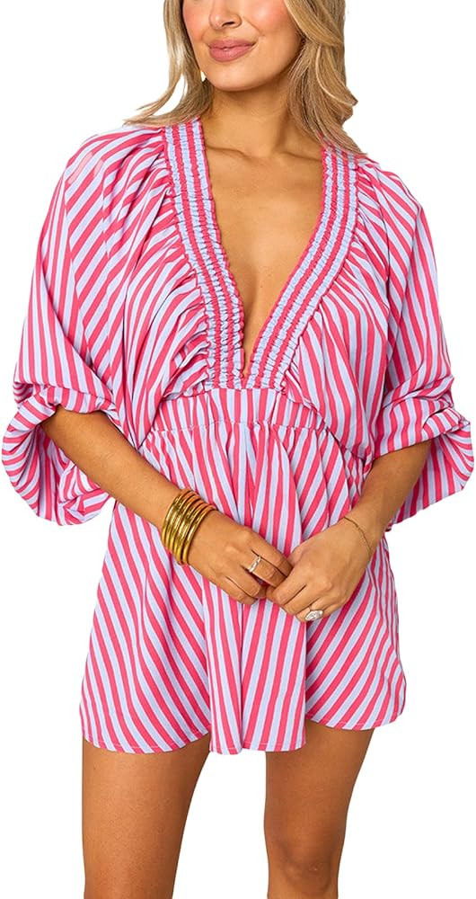 Women Summer Casual Short Tee Romper Deep v Neck Long Puff Sleeve Plaid Playsuit Oversized Jumpsu... | Amazon (US)