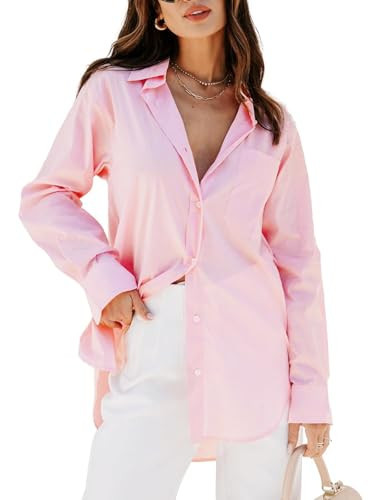 Womens Pink Button Down Shirt Oversized Long Sleeve Blouse Work Dress Shirt | Amazon (US)